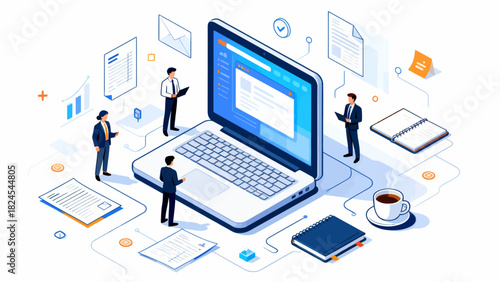This isometric illustration depicts business professionals collaborating around a large laptop, surrounded by documents and office supplies, representing digital teamwork and corporate workflow.