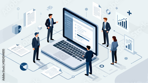 This isometric illustration depicts business professionals collaborating around a large laptop, surrounded by documents and office supplies, representing digital teamwork and corporate workflow.