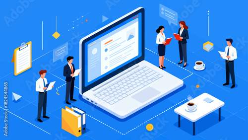 This isometric illustration depicts business professionals collaborating around a large laptop, surrounded by documents and office supplies, representing digital teamwork and corporate workflow.