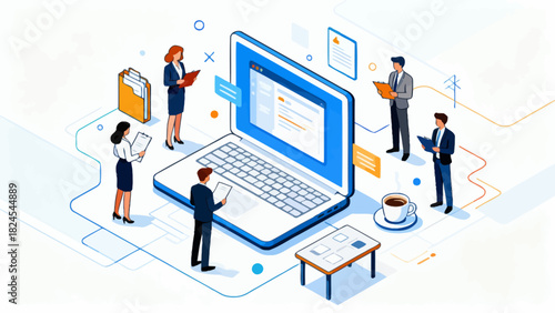 This isometric illustration depicts business professionals collaborating around a large laptop, surrounded by documents and office supplies, representing digital teamwork and corporate workflow.