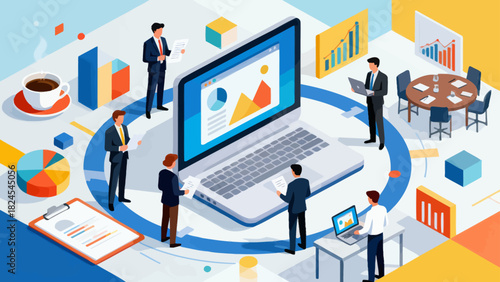 This isometric illustration depicts business professionals collaborating around a large laptop, surrounded by documents and office supplies, representing digital teamwork and corporate workflow.