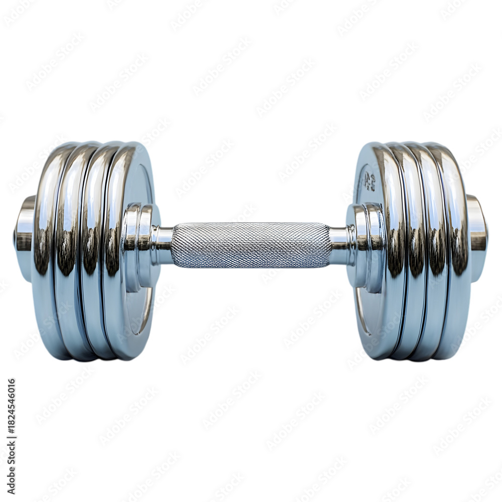 Naklejka premium Detailed depiction of a pair of dumbbells with smooth surfaces and subtle reflections, isolated on transparent background, PNG Cutout