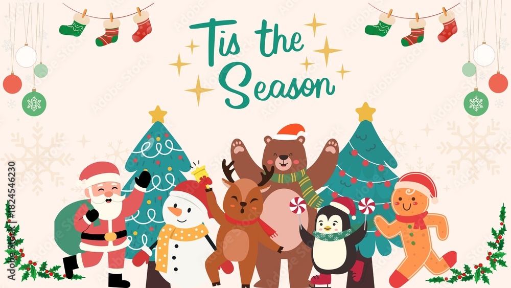 Fototapeta premium christmas background with animals and tis the season text