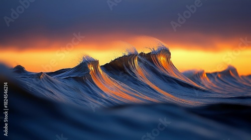 Fototapeta Naklejka Na Ścianę i Meble -  Powerful ocean waves crest and break, illuminated by the warm glow of a setting sun, against a dramatic twilight sky.