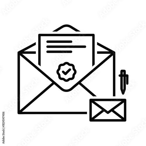 Email communication and document verification icon with pen and envelope