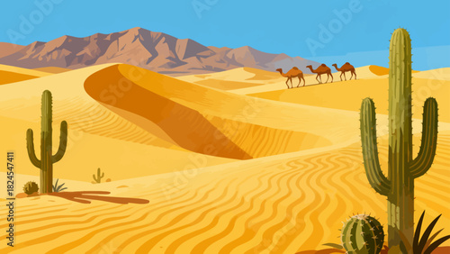 This vibrant desert illustration features golden sand dunes, cacti, a camel caravan, and distant mountains, creating a vivid and iconic arid landscape scene.