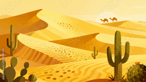 This vibrant desert illustration features golden sand dunes, cacti, a camel caravan, and distant mountains, creating a vivid and iconic arid landscape scene.