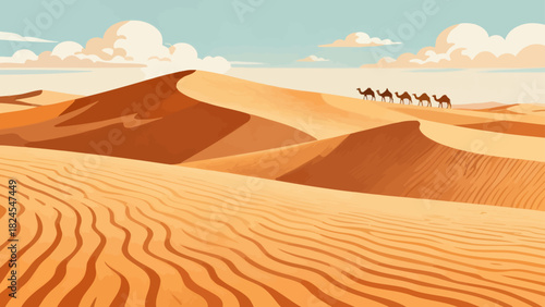 This vibrant desert illustration features golden sand dunes, cacti, a camel caravan, and distant mountains, creating a vivid and iconic arid landscape scene.