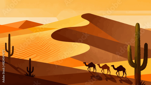 This vibrant desert illustration features golden sand dunes, cacti, a camel caravan, and distant mountains, creating a vivid and iconic arid landscape scene.