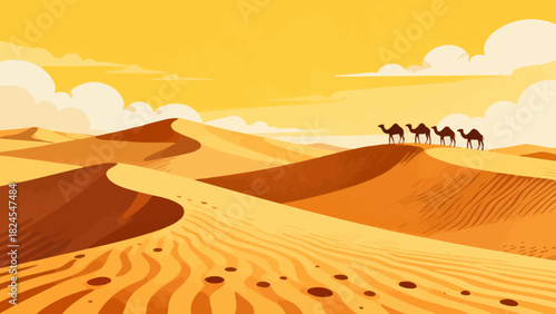 This vibrant desert illustration features golden sand dunes, cacti, a camel caravan, and distant mountains, creating a vivid and iconic arid landscape scene.
