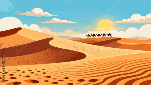 This vibrant desert illustration features golden sand dunes, cacti, a camel caravan, and distant mountains, creating a vivid and iconic arid landscape scene.