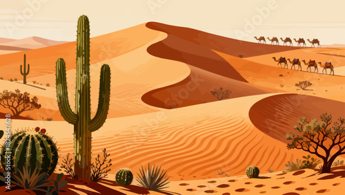 This vibrant desert illustration features golden sand dunes, cacti, a camel caravan, and distant mountains, creating a vivid and iconic arid landscape scene.