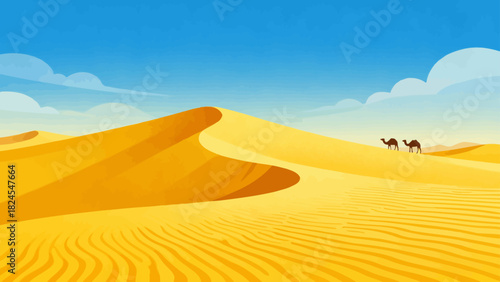 This vibrant desert illustration features golden sand dunes, cacti, a camel caravan, and distant mountains, creating a vivid and iconic arid landscape scene.