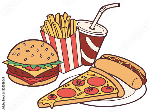 Delicious fast food feast featuring juicy burger, crispy fries, refreshing soda, cheesy pizza, and tasty hotdog ready for a satisfying meal experience