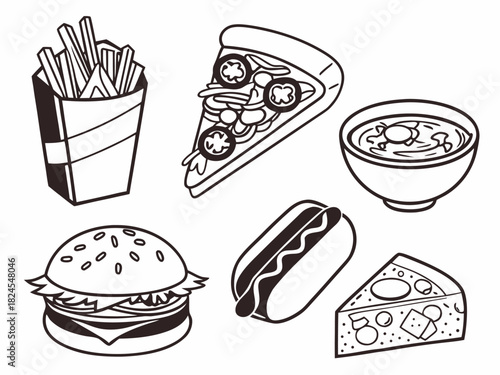 Delicious Fast Food Line Art Icons: Burger, Fries, Pizza, Hotdog, and Soup Ready for Branding and Menu Designs in Black and White Style