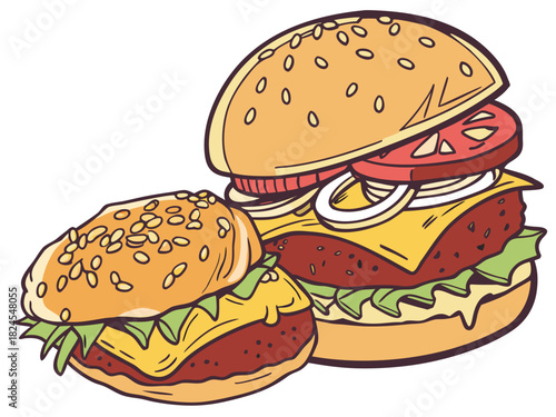 Delicious hand-drawn burgers with fresh ingredients, ready for your next foodie adventure, perfect for menus, promotions, and digital designs needing a fun, yummy touch