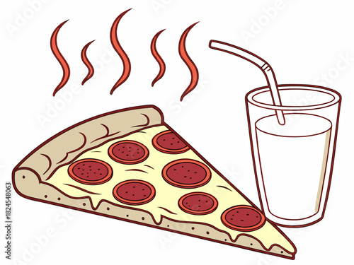 Enjoy a flavorful slice of pepperoni pizza with a refreshing drink, perfect for satisfying cravings, great for fast food promotions and menu designs
