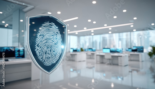Fingerprint biometric security shield displayed in modern office with glowing scanner