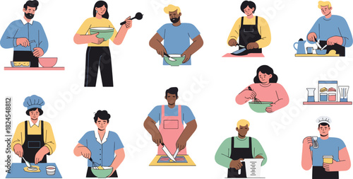 Group of Diverse People Cooking and Baking in Kitchen with Bright Colors and Casual Style