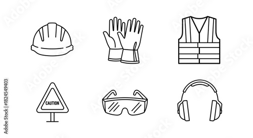Essential safety equipment icons in minimalistic linear design for industrial use
