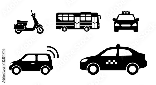 Transportation icons set: scooter, bus, taxi, car in silhouette style