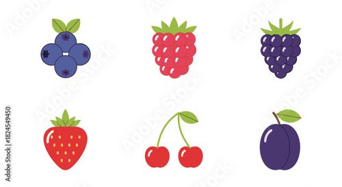 Colorful collection of fresh berries and fruits in flat design