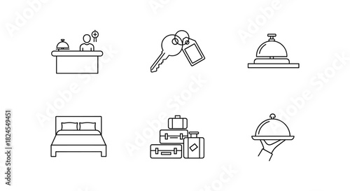 Minimalist hotel icon set: reception, room, luggage, and service elements