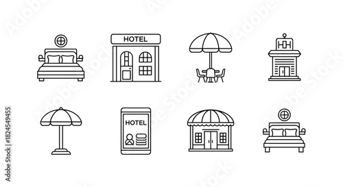 Linear hotel and travel icons featuring umbrellas and buildings