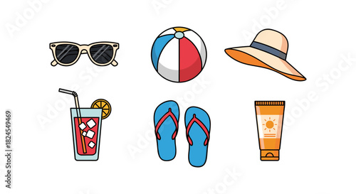 Summer essentials collection: sunglasses, beach ball, sun hat, drink, flip flops, sunscreen