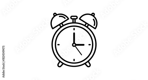 Minimalist linear alarm clock icon with bells on a white background