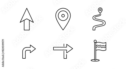 Minimalist line art navigation icons: arrows, map pins, and route symbols