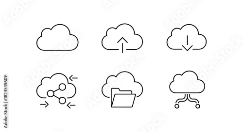 Cloud computing icons set: upload, download, share, organize, network
