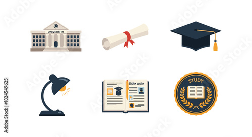 Education icons set: university building, diploma, graduation cap, study lamp, open book, emblem