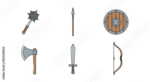 Medieval weaponry set featuring sword, axe, mace, shield, spear, and bow in flat design