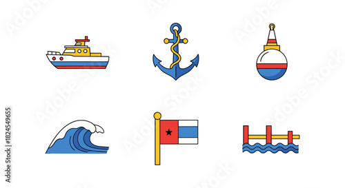 Nautical icons set with marine symbols in flat design style