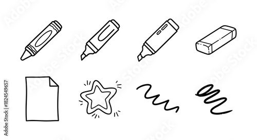 Hand drawn doodle of markers, eraser, paper, star, and scribbles