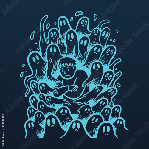 Creative Hand Drawn Style Graphic Featuring A Person Surrounded By Many Friendly Ethereal Spirits And Glowing Blue Specters Creating A Dynamic Composition Highlighting Supernatural Encounter