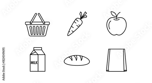 Minimalist line art grocery icons with shopping basket and food items