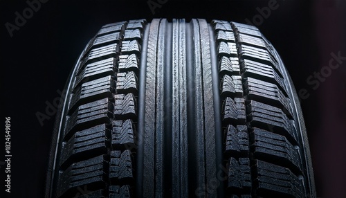 closeup photo of a black tire against a dark background highlighting rubber texture tread pattern and modern automotive product concept for web banner advertising use