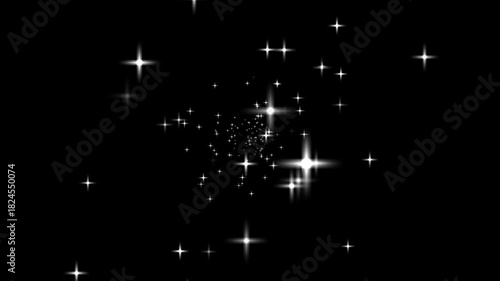 Wallpaper Mural Twinkle sparkle glow animation featuring white cartoon twinkle stars, glitter dust trails, starlight flash beams and shimmering magical effects across deep black background. Torontodigital.ca