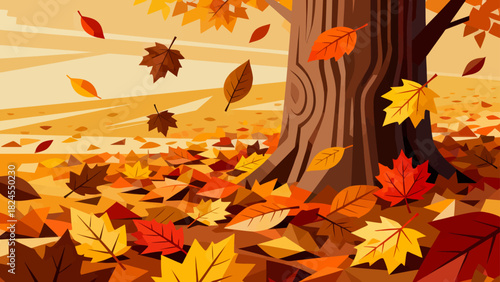 This vibrant autumn illustration features a forest floor covered in golden maple leaves, with falling foliage and tall trees, capturing the warm, serene beauty of the fall season.