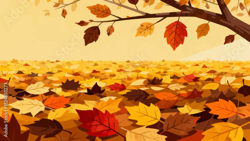 This vibrant autumn illustration features a forest floor covered in golden maple leaves, with falling foliage and tall trees, capturing the warm, serene beauty of the fall season.