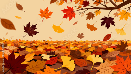 This vibrant autumn illustration features a forest floor covered in golden maple leaves, with falling foliage and tall trees, capturing the warm, serene beauty of the fall season.