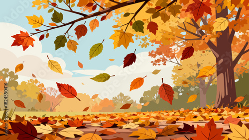 This vibrant autumn illustration features a forest floor covered in golden maple leaves, with falling foliage and tall trees, capturing the warm, serene beauty of the fall season.