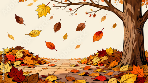 This vibrant autumn illustration features a forest floor covered in golden maple leaves, with falling foliage and tall trees, capturing the warm, serene beauty of the fall season.
