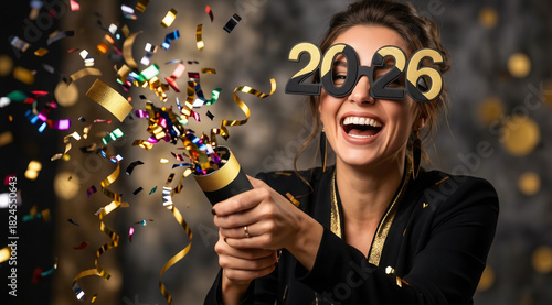 Happy woman wearing 2026 party glasses celebrating New Year with a confetti popper. Cheerful party scene with colorful confetti explosion and golden bokeh background.