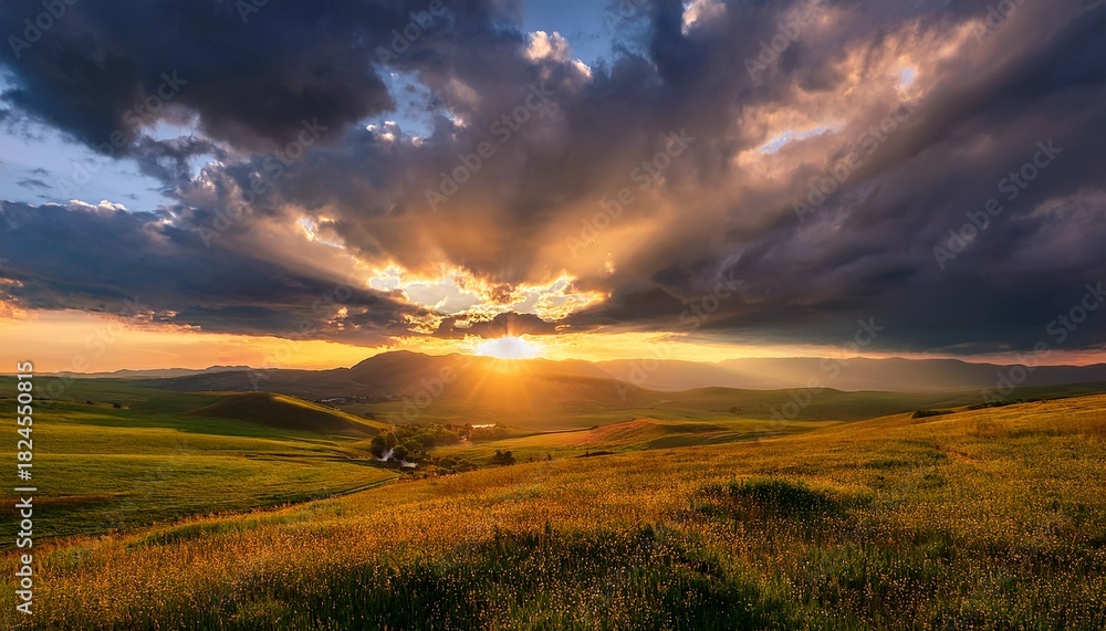Fototapeta premium warm sunlight breaks through dense clouds illuminating a tranquil landscape with vibrant colors and soft textures cloudy sky beautiful weather