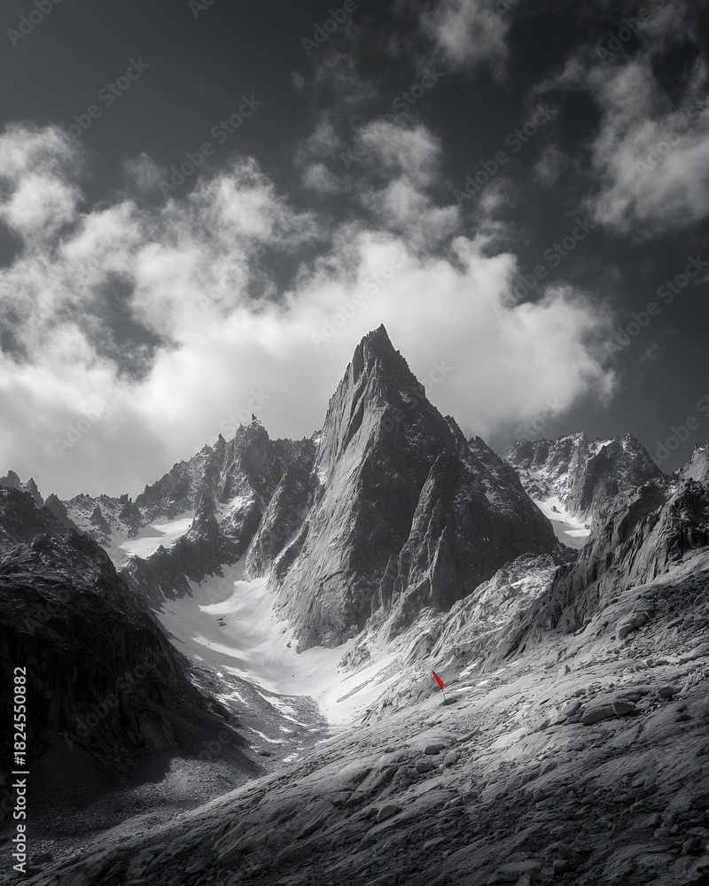 Obraz premium mountain range in black and white with red prayer flag