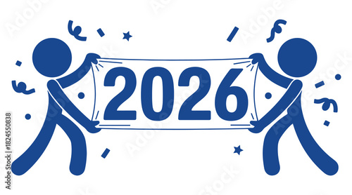 2026 celebration banner with dancing figure and festive confetti icons, Cheerful 2026 celebration artwork featuring a dancing figure holding a banner with confetti elements, perfect for festive design