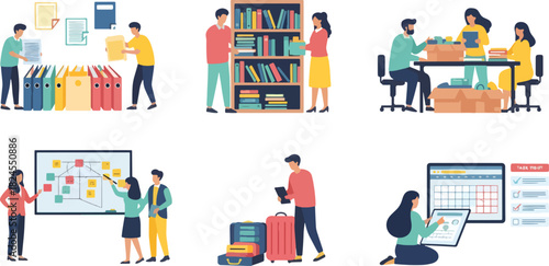 Group of Diverse Professionals Working in Office and Library Environments